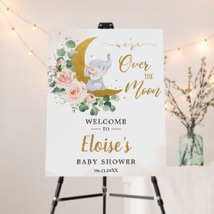 Blush Floral Elephant Moon Baby Shower Welcome Foam Board