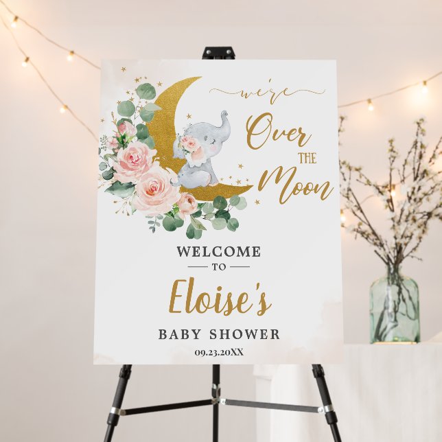 Blush Floral Elephant Moon Baby Shower Welcome Foam Board (In Situ (Stand))