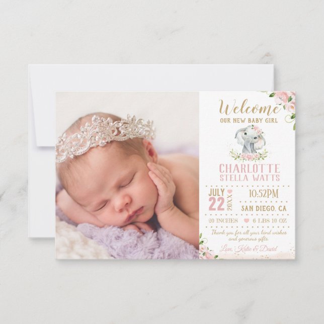 Blush Floral Elephant New Baby Girl Photo Birth Announcement (Front)