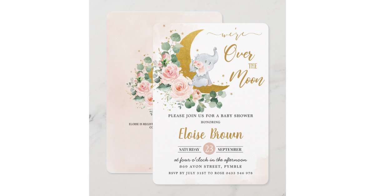 Blush Floral Elephant Over the Moon Baby Shower Invitation | Zazzle