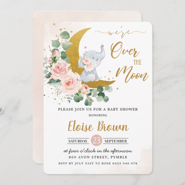 Blush Floral Elephant Over the Moon Baby Shower  Invitation (Front/Back)