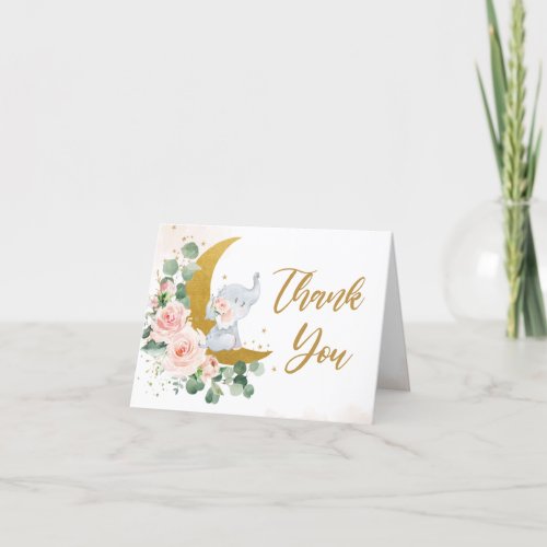 Blush Floral Elephant Over the Moon Baby Shower Thank You Card