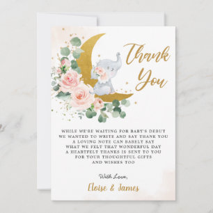 Blush Floral Elephant Over the Moon Baby Shower Thank You Card