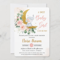 Blush Floral Elephant Sweet Baby Girl Shower   Invitation