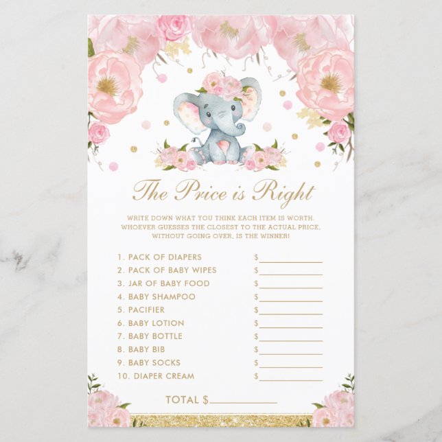 Blush Floral Elephant The Price is Right Game (Front)