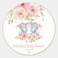 Blush Floral Elephant Twins Baby Girl Shower Favor Classic Round Sticker