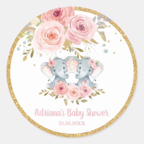 Blush Floral Elephant Twins Baby Girl Shower Favor Classic Round Sticker