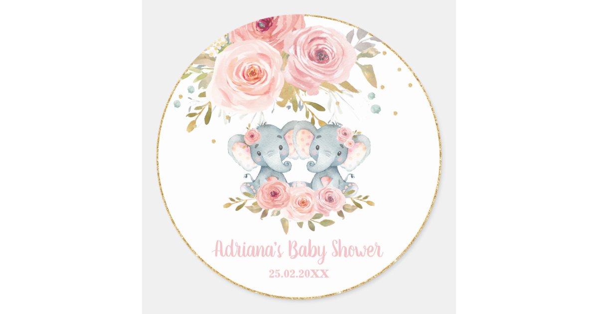 Blush Floral Elephant Twins Baby Girl Shower Favor Classic Round ...