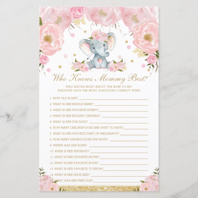 Blush Floral Elephant Who Knows Mommy Best Game (Front)