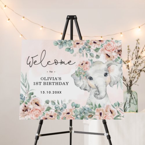 Blush Floral Elephant Wild One Birthday Welcome Foam Board