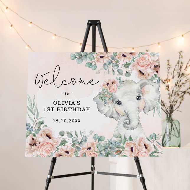 Blush Floral Elephant Wild One Birthday Welcome Foam Board (In Situ (Stand))