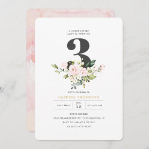 Blush Floral & Eucalyptus Girl 3rd Birthday Party Invitation