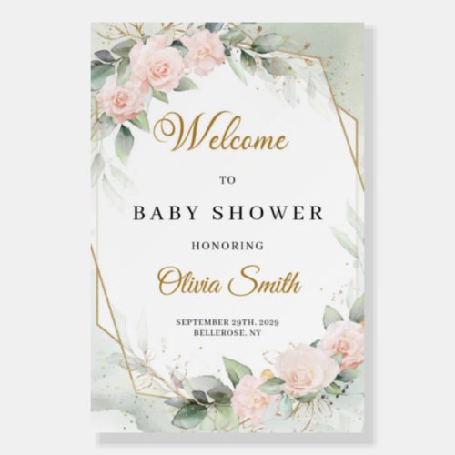 Blush floral eucalyptus gold baby shower welcome f foam board