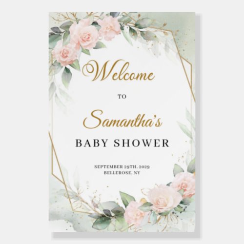 Blush floral eucalyptus gold baby shower welcome foam board