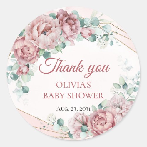 Blush floral eucalyptus gold frame baby shower classic round sticker