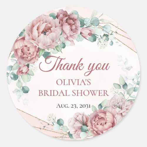 Blush floral eucalyptus gold frame bridal shower classic round sticker