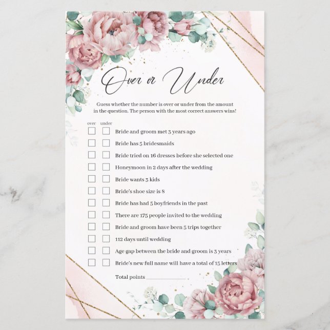 Blush floral eucalyptus gold Over or Under Game (Front)