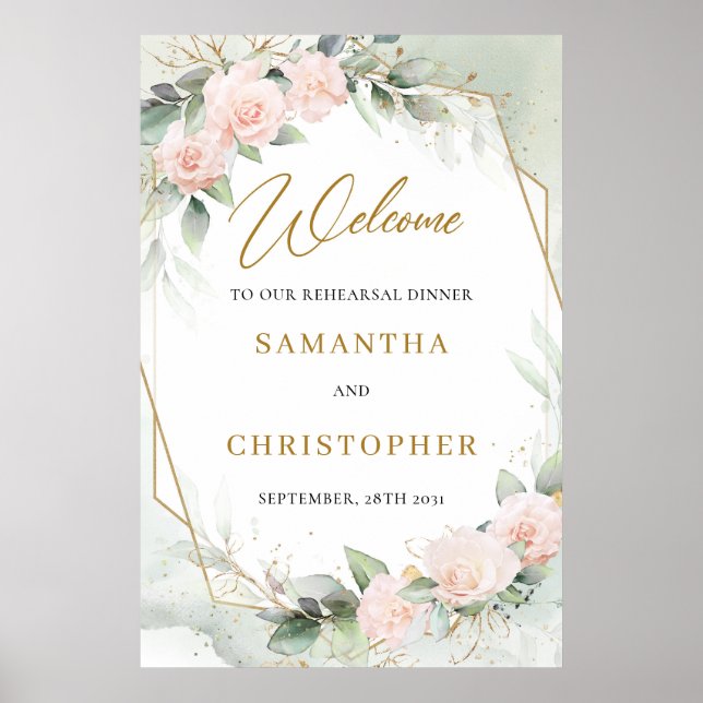 Blush floral eucalyptus gold rehearsal dinner poster (Front)