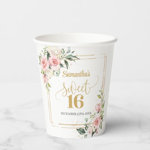 Blush floral eucalyptus gold sweet sixteen 16th  paper cups