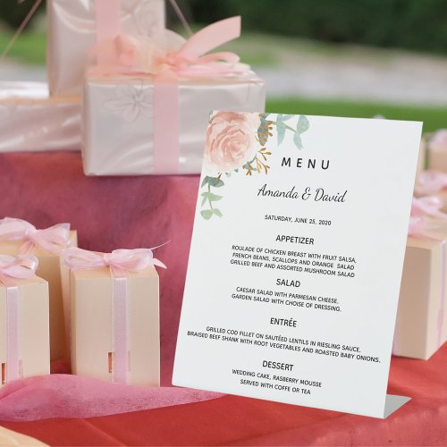 Blush floral eucalyptus greenery dinner menu pedestal sign
