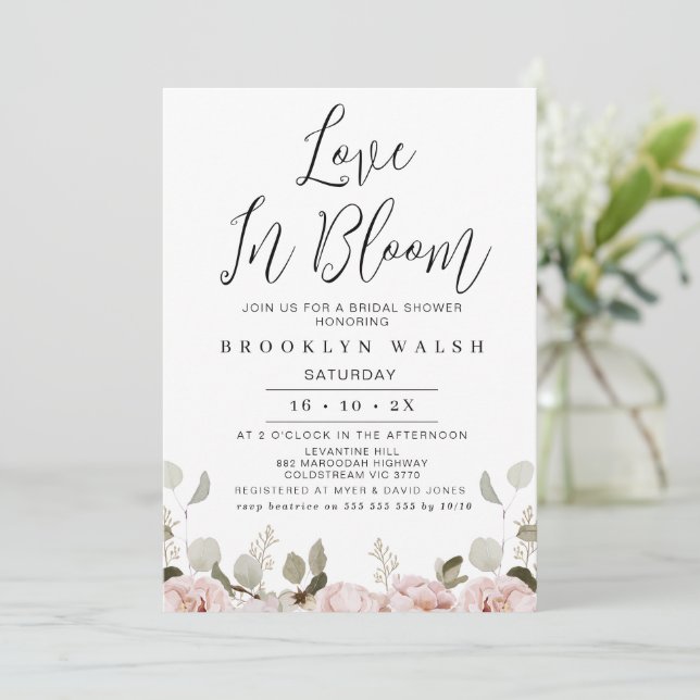 Blush Floral Eucalyptus Love Bloom Bridal Shower Invitation (Standing Front)
