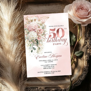 Blush Floral Eucalyptus Rose Gold 50th Birthday Invitation