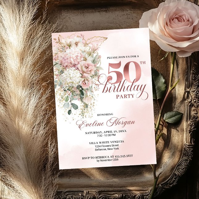 Blush Floral Eucalyptus Rose Gold 50th Birthday  Invitation (Blush Floral Eucalyptus Rose Gold 50th Birthday Invite)