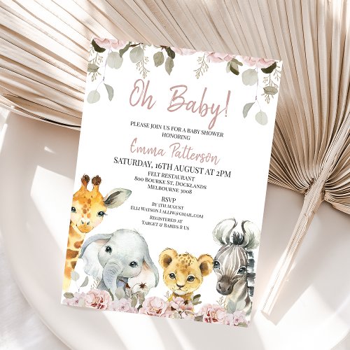 Blush Floral Eucalyptus Safari Baby Shower  Invitation
