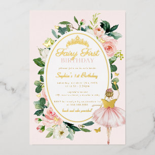 Blush Floral Fairy First 1st Birthday Gold Foil Invitation