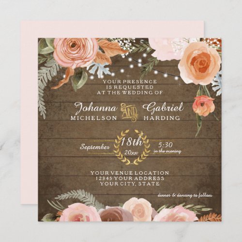 Blush Floral Fall Rustic Wood Forest Green Leaf Invitation