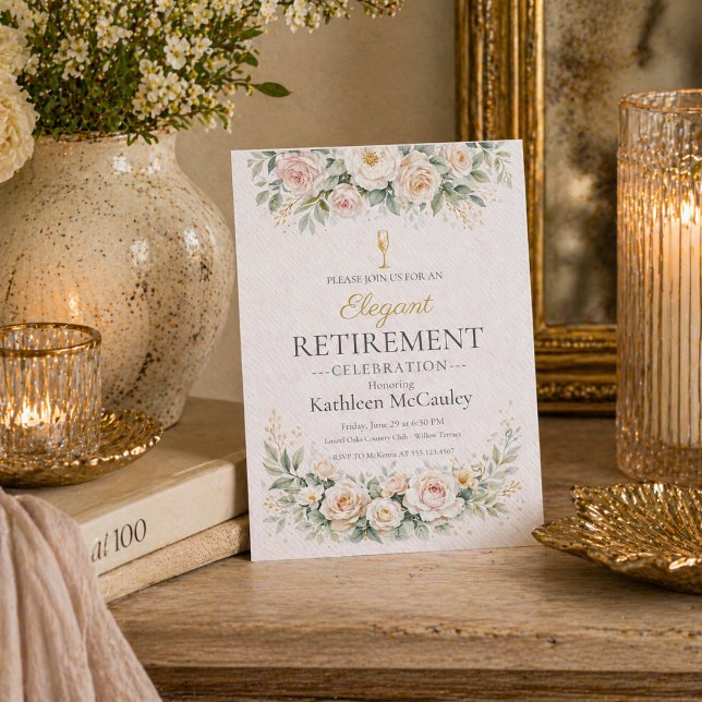 Blush Floral Farewell Invitation (Blush floral farewell with champagne accents for a refined retirement dinner gathering)