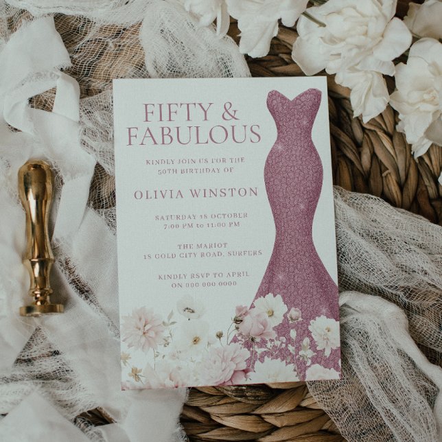 Blush Floral Fifty & Fabulous 50th Birthday Dress  Invitation (Creator Uploaded)