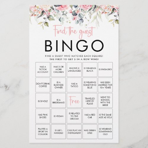 Blush Floral  Find The Guest Bingo Game Card