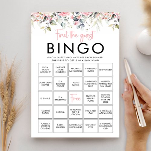 Blush Floral Find The Guest Bingo Game Card