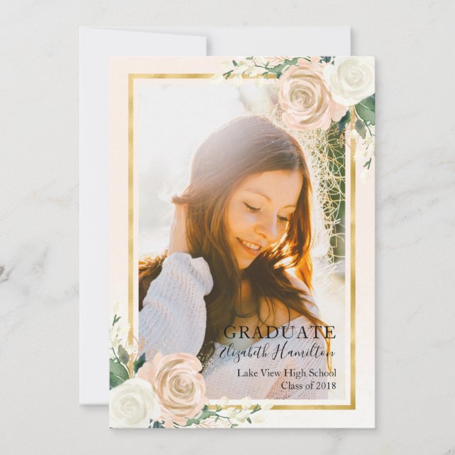 Blush Floral & Foil Gold Graduation Announcement (Front)