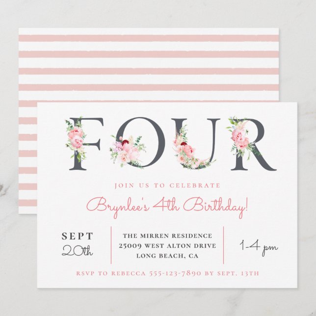 Blush Floral FOUR | 4th Birthday Party Invitation (Front/Back)