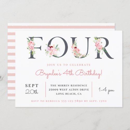 Blush Floral FOUR  4th Birthday Party Invitation