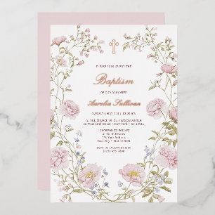 Blush Floral Frame Baptism Foil Invitation