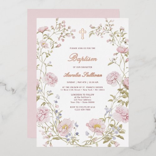 Blush Floral Frame Baptism Foil Invitation