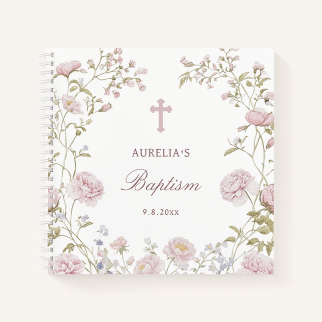 Blush Floral Frame Baptism Guest Book (Front)