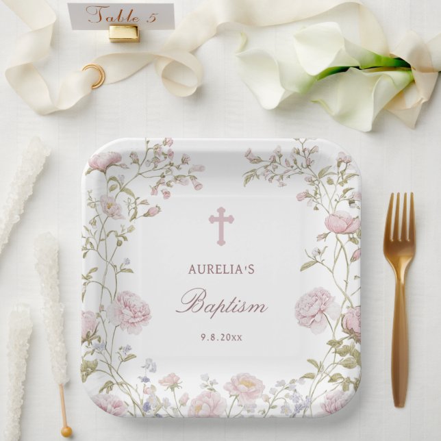 Blush Floral Frame Baptism Paper Plates (Wedding)