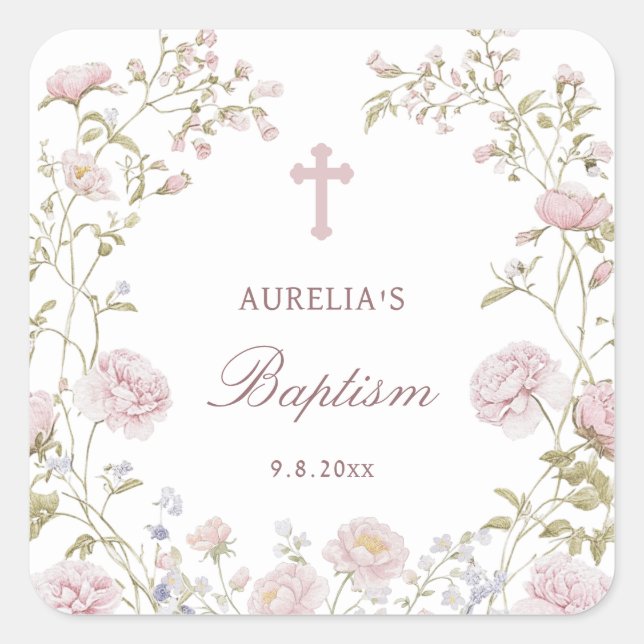 Blush Floral Frame Baptism Square Sticker (Front)