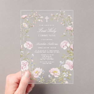 Blush Floral Frame First Holy Communion Acrylic Invitations