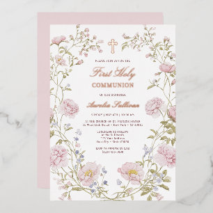 Blush Floral Frame First Holy Communion Foil Invitation