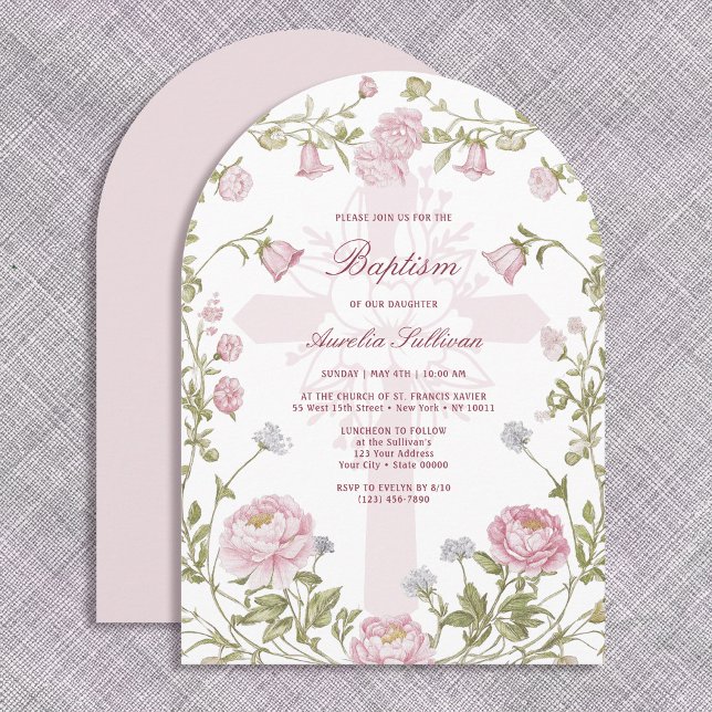 Blush Floral Frame Holy Cross Baptism Invitation (Creator Uploaded)