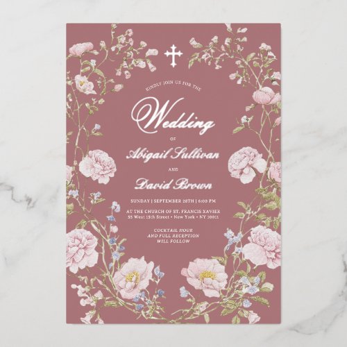 Blush Floral Frame on Dusty Rose Religious Wedding Foil Invitation