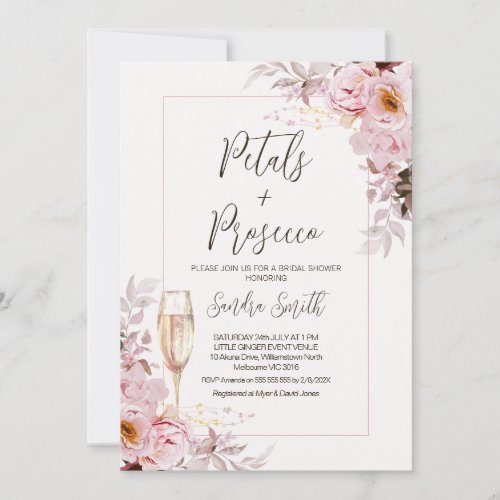 Blush Floral Frame Petals Prosecco Bridal Shower Invitation