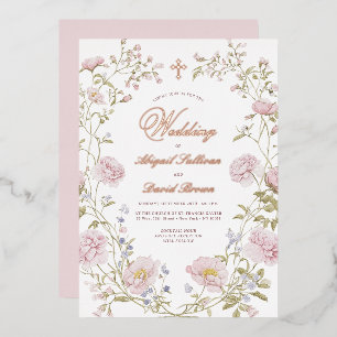 Blush Floral Frame Religious Wedding Foil Invitation