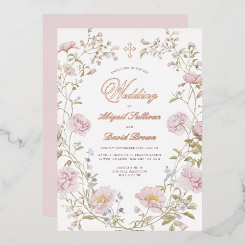 Blush Floral Frame Religious Wedding Foil Invitation