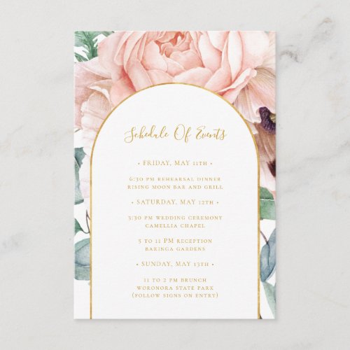 Blush Floral Garden  Wedding Schedule of Events Enclosure Card